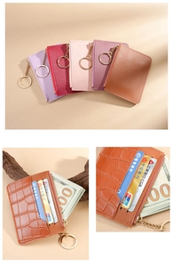 Detail of PU leather card holder with multiple slots, cash pocket and metal keychain
