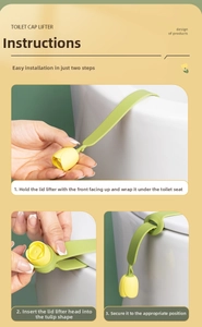 Detail showing tulip-shaped toilet seat lifter with adjustable green silicone straps