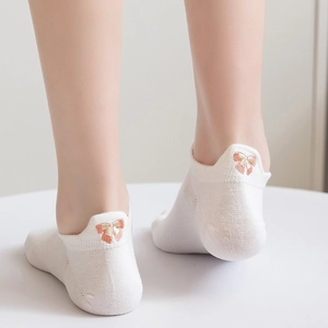 White cotton ankle socks for women featuring a cute bunny bow embroidery on the heel
