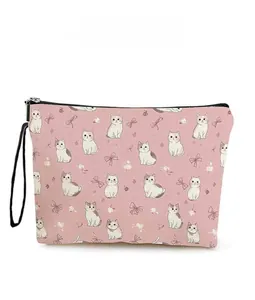 Trousse à maquillage en toile rose avec motif chat, fermeture éclair et dragonne