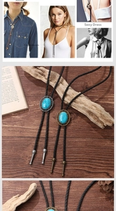Detail of vintage Western bolo tie with turquoise pendant on black braided leather cord