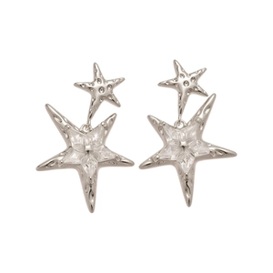 Silver star drop earrings with sparkling cubic zirconia and hammered metal texture