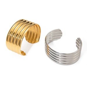 Polished 18k gold and silver multi-layer ribbed open cuff bracelets in minimalist style