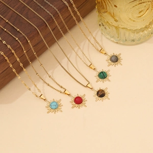 Retro Sunburst Pendant Necklace Stainless Steel Natural Stone Gold Plated Vintage Jewelry For Women