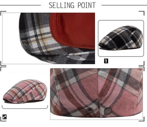 Detail of plaid ivy cap showing metal adjustable buckle and vibrant red inner lining