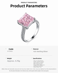 Spécifications détaillées de la bague en argent S925 avec zircon rose de 5 carats.