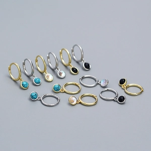 925 Sterling Silver Huggie Hoop Earrings With Synthetic Moonstone Turquoise Agate Round Geometric Drop For Women