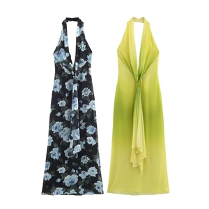 Halter Maxi Dress Deep V Neck Backless Chiffon Satin Gradient Floral Print Elegant Summer Vacation Evening For Women