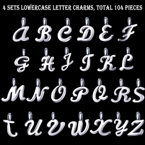 Macro detail of 104 pieces silver lowercase letter charms for DIY jewelry making