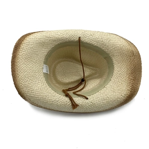 Wide brim woven paper cowboy hat with chin strap and dark distressed edges for sun protection