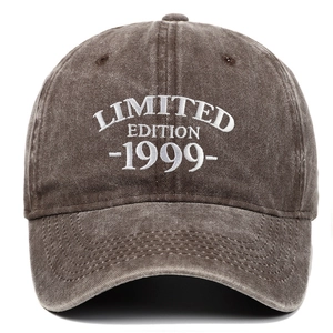 Detailed view of white embroidery on a washed brown cotton baseball cap.
