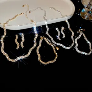 Wave Shape Copper Rhinestone Necklace Bracelet Earrings Elegant Luxury Minimalist Jewelry Accessories For Women