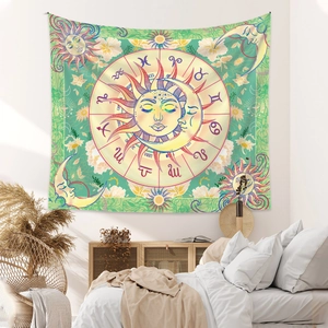 Detail of sun and moon tapestry with zodiac signs and floral elements in bedroom decor