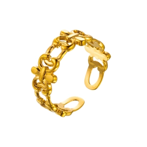 Close-up of golden stainless steel chain ring with bowknot and adjustable open design