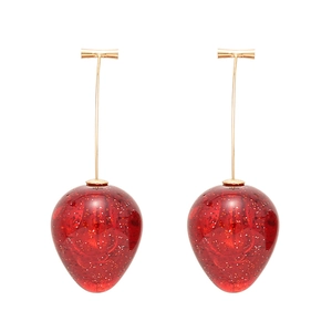 Minimalist red acrylic strawberry earrings with gold metal stems on white background