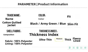 Size chart showing material and specifications for the padded polyester slim fit jacket