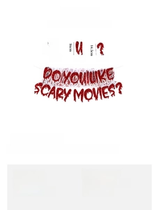 Detail showing red glittery 'Do You Like Scary Movies' Halloween banner banner on white base