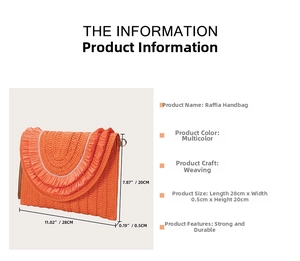 Close-up of orange raffia woven envelope bag with half-round fringe and detailed texture