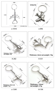 Size chart showing dimensions and weight for various metal aircraft model keychains