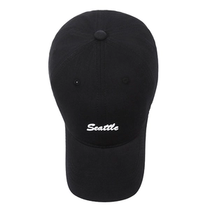Black cotton baseball cap with white Seattle embroidery and curved brim for outdoor sports