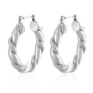 Polished silver twisted rope hoop earrings in minimalist woven metal style for women