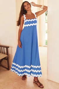 Sky blue maxi dress with white scallop trim detailing and elegant high waist cut