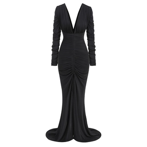 Elegante abito lungo nero a maniche lunghe con scollo a V profondo e dettagli arricciati