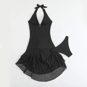 Detailed flat lay of black halter neck bikini set with tiered mesh ruffle skirt