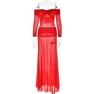 Sexy red two-piece mesh dress set with off-shoulder long sleeve top and slim ruched skirt