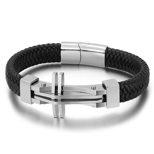 Men's black braided leather bracelet with silver stainless steel cross and press clasp