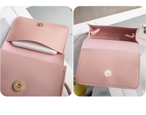 Pink cartoon small square bag showing internal phone slot and magnetic closure with strap