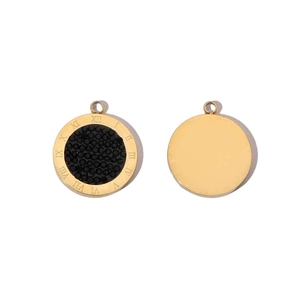 Detail of mirror-polished gold stainless steel charms with Roman numerals and black stone