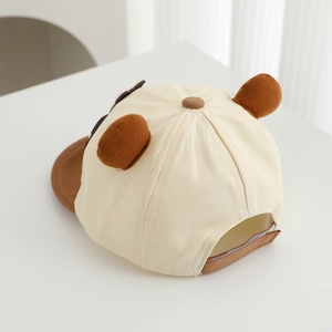 Beige baby baseball cap with brown brim and cute 3D bear ears on top for infants