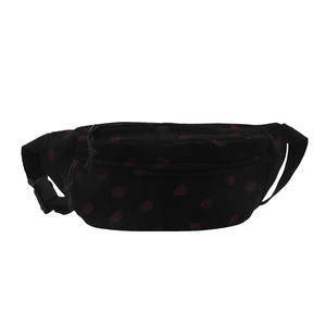 Japanese style black corduroy chest bag with red strawberry print and adjustable strap