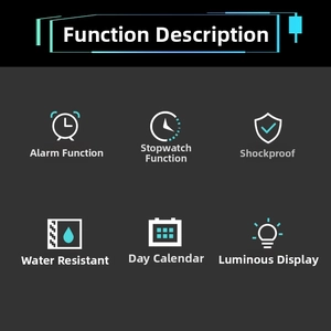 Infographic showing functions like alarm, stopwatch, shock resistance, and night light feature