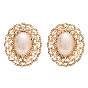 Vintage oversized round earrings with white pearl center and crystal floral border