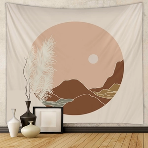 Detail of bohemian tapestry with abstract sunset landscape and pampas grass decor