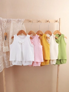Tenue En Mousseline De Coton Pour Bébé Fille Haut Sans Manches Avec Nœud Et Short Bouffant Respirant Été