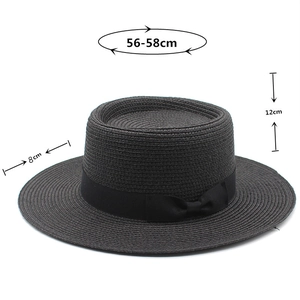 Flat top black straw boater hat featuring dimensions 56-58cm head size and silk ribbon bow