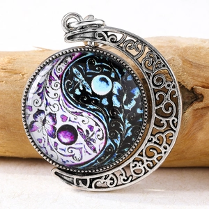 Butterfly Yin Yang Tai Chi glass pendant with crescent moon hollow metal frame keychain