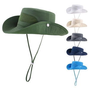 Unisex outdoor sun hat with wide brim, breathable mesh and chin strap in various colors