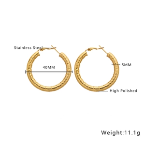 Detailed view of 40mm gold stainless steel hoop earrings with 5mm polished tube design