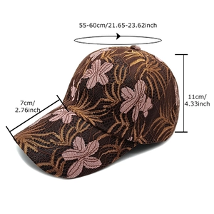 Breathable brown lace baseball cap for women with pink floral embroidery and curved brim