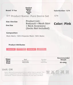 Detailed size chart and material guide for pink bow cat cosplay lingerie set