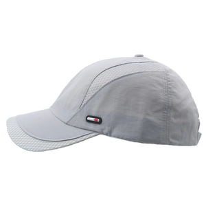 Detail of light gray quick-dry baseball cap featuring breathable mesh and sports logo