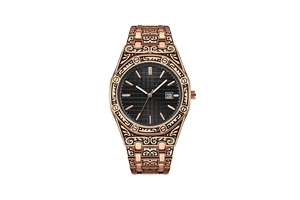 Detailed close-up of rose gold watch with black dial and unique textured engraved casing