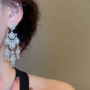 Detail of elegant silver drop earrings with zircons and bowknot on a female model
