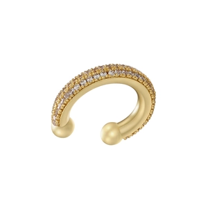 Golden C-shaped ear cuff featuring three rows of micro-paved sparkling cubic zirconia