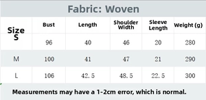 Detailed size chart for the crochet POLO collar knit top and shorts set in woven fabric