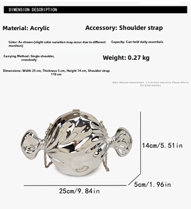 Detailed size chart for the candy acrylic crossbody bag with chain strap dimensions